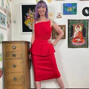 Vintage Red Cotton Wiggle Dress, 1980s Chely Vixen Sheath, Asymmetric Neck Sz M
